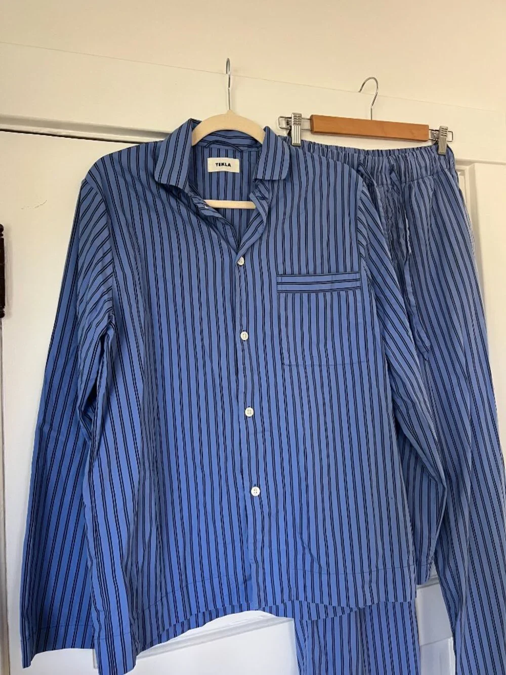TEKLA Blue Striped Poplin Pyjama Set Size Small Matching Pants Shirt Luxury